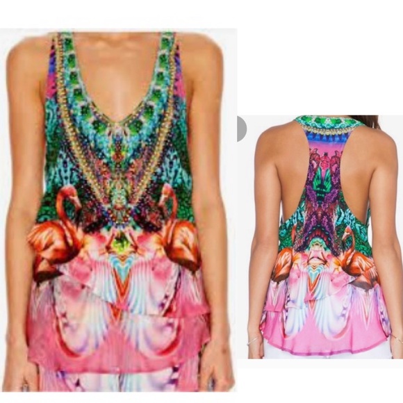 New Camilla Franks Awakened Utopia racerback crystals print layered silk top 10